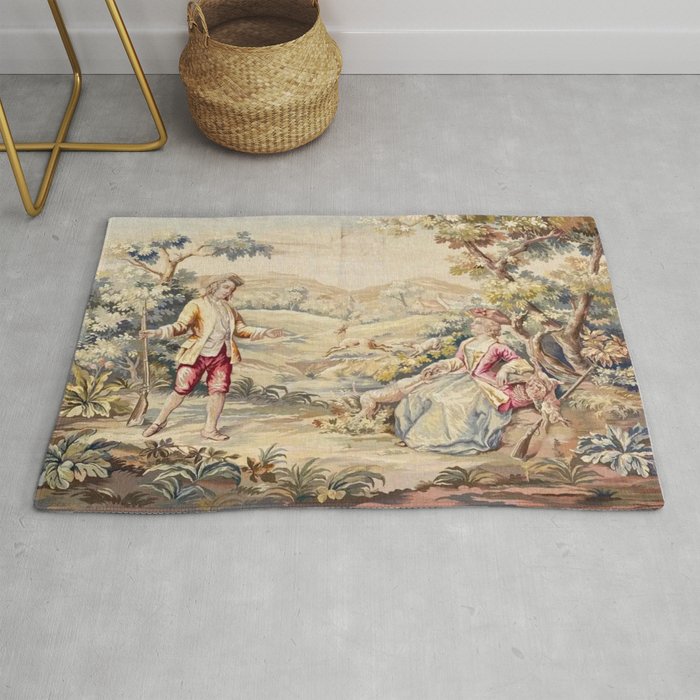 Antique 19th Century French Aubusson Tapestry Romantic Hunting Scene Rug Gallery Image 1