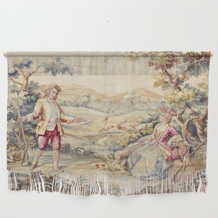Antique 19th Century French Aubusson Tapestry Romantic Hunting Scene Wall Hanging Gallery Image 1