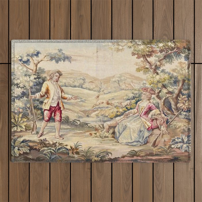Antique 19th Century French Aubusson Tapestry Romantic Hunting Scene Outdoor Rug Gallery Image 1