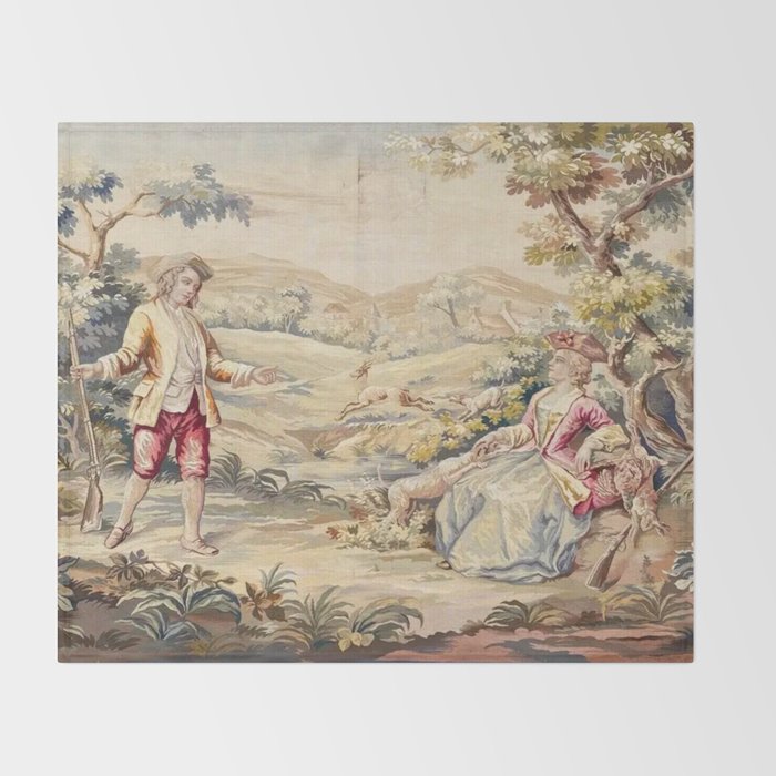 Antique 19th Century French Aubusson Tapestry Romantic Hunting Scene Throw Blanket Gallery Image 2