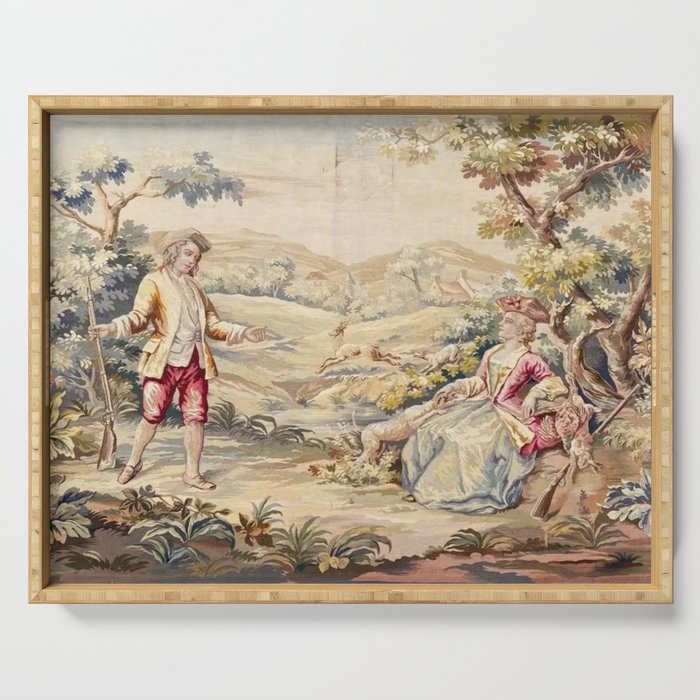 Antique 19th Century French Aubusson Tapestry Romantic Hunting Scene Serving Tray Gallery Image 1