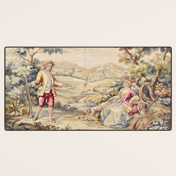 Antique 19th Century French Aubusson Tapestry Romantic Hunting Scene Desk Mat Gallery Image 3