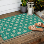Midcentury Modern Atomic Starburst Pattern in Retro Turquoise and Celadon Outdoor Rug Gallery Image 2