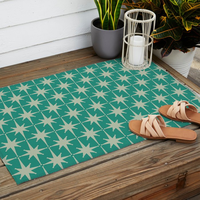 Midcentury Modern Atomic Starburst Pattern in Retro Turquoise and Celadon Outdoor Rug Gallery Image 2