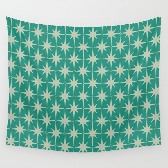 Midcentury Modern Atomic Starburst Pattern in Retro Turquoise and Celadon Wall Tapestry Gallery Image 1