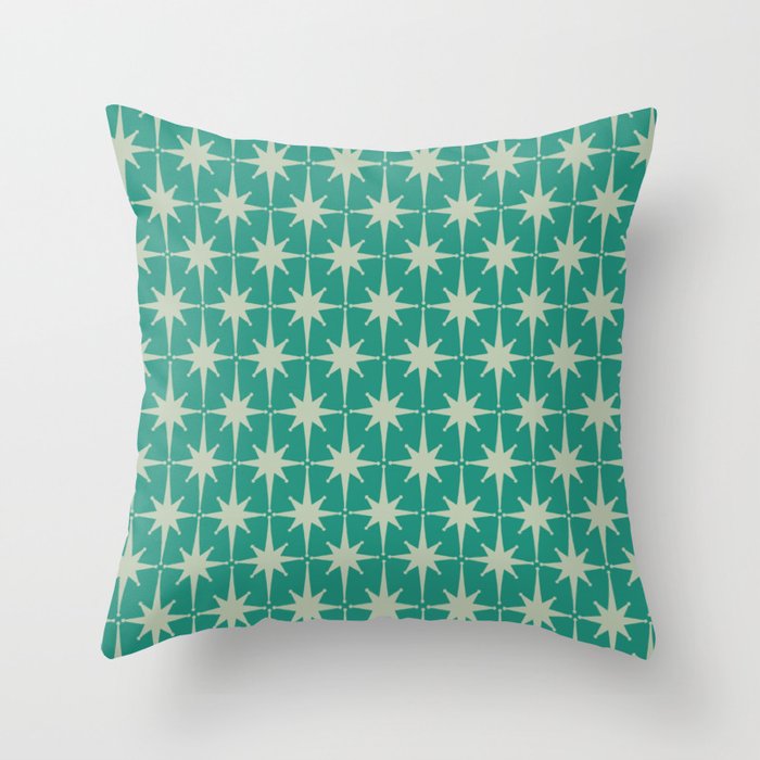 Midcentury Modern Atomic Starburst Pattern in Retro Turquoise and Celadon Throw Pillow Gallery Image 1
