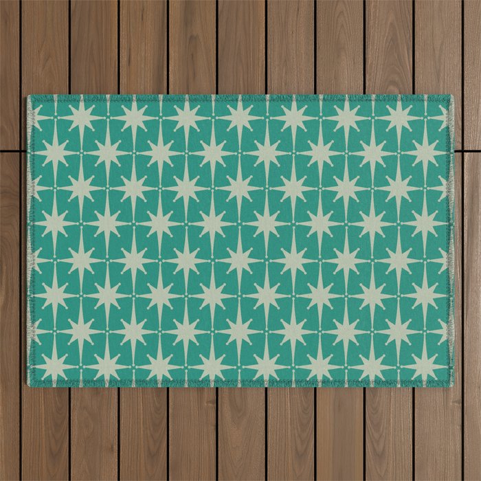 Midcentury Modern Atomic Starburst Pattern in Retro Turquoise and Celadon Outdoor Rug Gallery Image 1