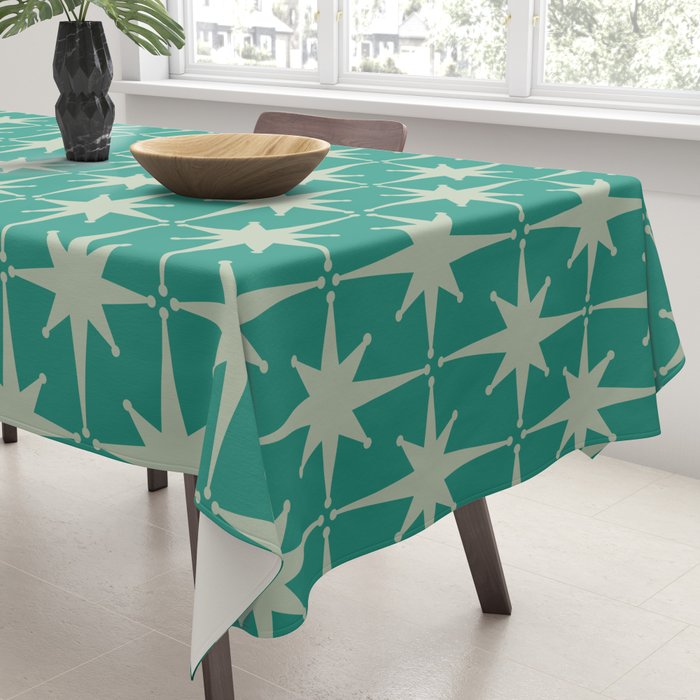Midcentury Modern Atomic Starburst Pattern in Retro Turquoise and Celadon Tablecloth Gallery Image 3