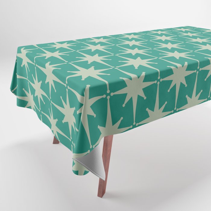 Midcentury Modern Atomic Starburst Pattern in Retro Turquoise and Celadon Tablecloth Gallery Image 1