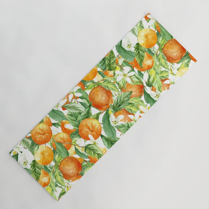 Festive, Oranges, Floral Prints, Orange and Green, Watercolor Yoga Mat Gallery Image 1