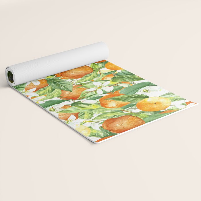 Festive, Oranges, Floral Prints, Orange and Green, Watercolor Yoga Mat Gallery Image 2