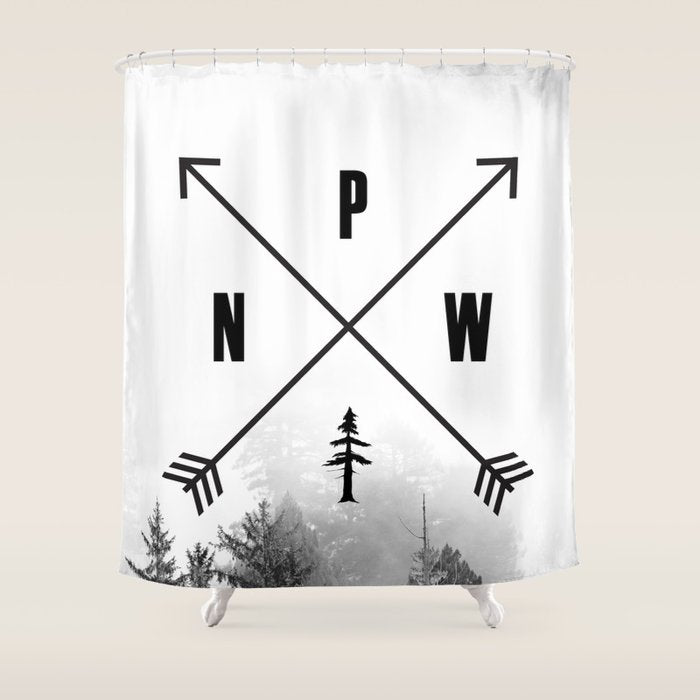 PNW Pacific Northwest Compass - Black and White Forest Shower Curtain Gallery Image 1