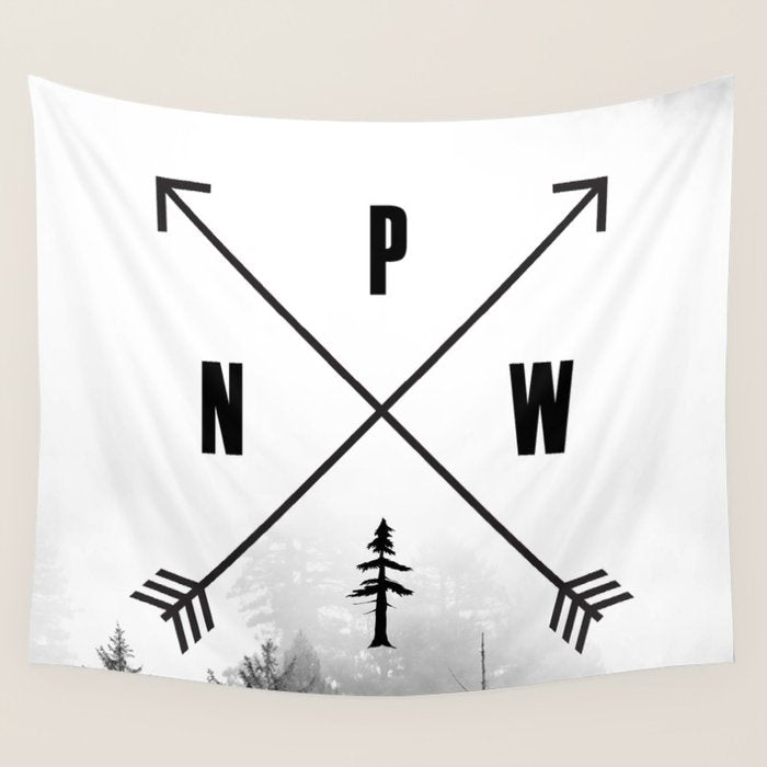 PNW Pacific Northwest Compass - Black and White Forest Wall Tapestry Gallery Image 1