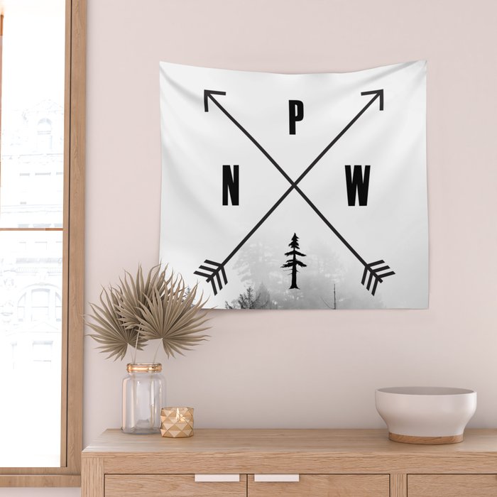 PNW Pacific Northwest Compass - Black and White Forest Wall Tapestry Gallery Image 2
