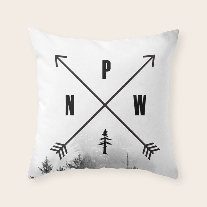 PNW Pacific Northwest Compass - Black and White Forest Throw Pillow Gallery Image 6
