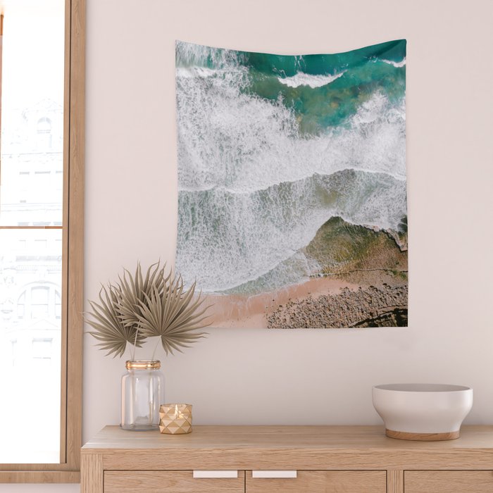 Waves of the ocean | Ericeira fine art travel photography | sea drone wall art Wall Tapestry Gallery Image 2