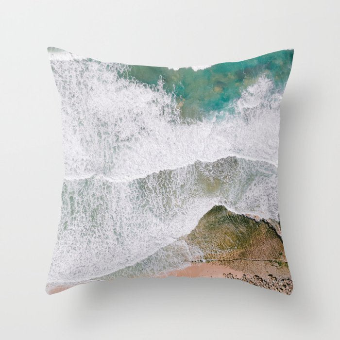 Waves of the ocean | Ericeira fine art travel photography | sea drone wall art Throw Pillow Gallery Image 1
