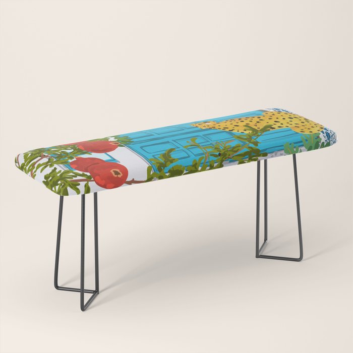 Cheetah Villa Architecture, Tropical Greece Jungle Animals, Botanical White Building & Boho Leopard Bench Gallery Image 1
