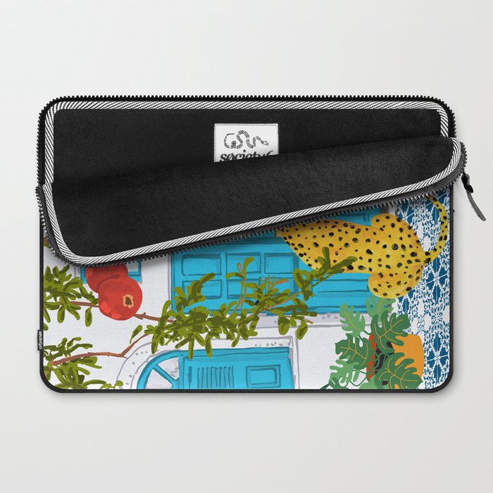 Cheetah Villa Architecture, Tropical Greece Jungle Animals, Botanical White Building & Boho Leopard Laptop Sleeve Gallery Image 2