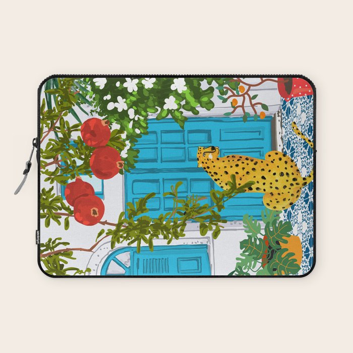 Cheetah Villa Architecture, Tropical Greece Jungle Animals, Botanical White Building & Boho Leopard Laptop Sleeve Gallery Image 1