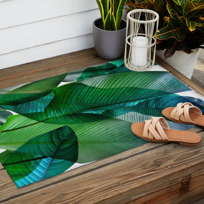 Palm leaf jungle Bali banana palm frond greens Outdoor Rug Gallery Image 2