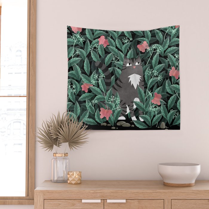 Butterfly Garden (Tabby Cat Version) Wall Tapestry Gallery Image 2
