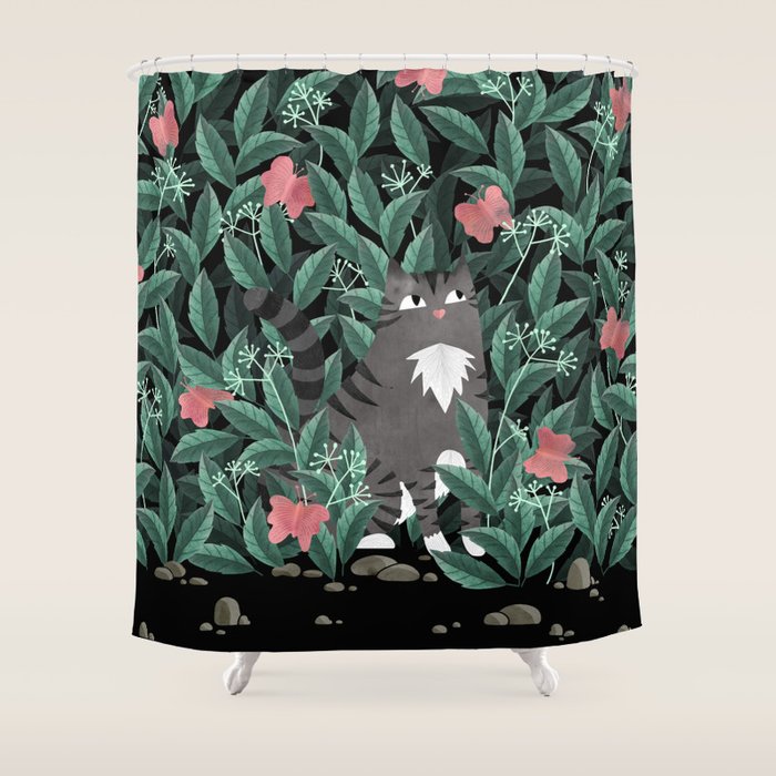 Butterfly Garden (Tabby Cat Version) Shower Curtain Gallery Image 1