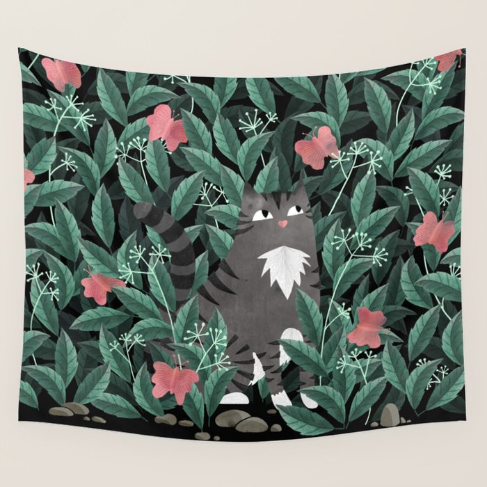 Butterfly Garden (Tabby Cat Version) Wall Tapestry Gallery Image 4