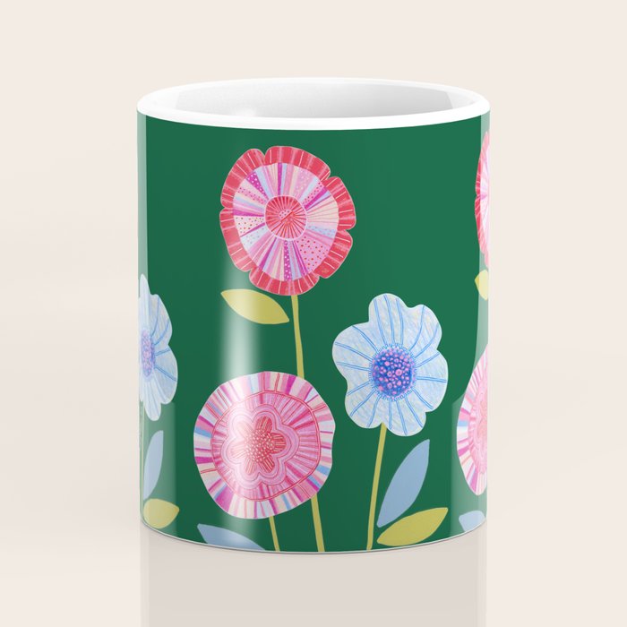 Folky Flowers in Bloom in Green & Pink Coffee Mug Gallery Image 4