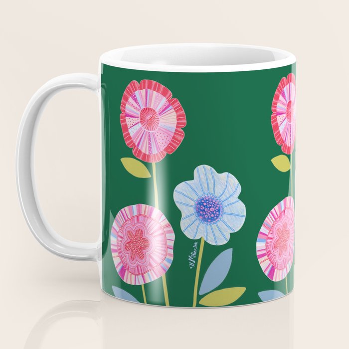 Folky Flowers in Bloom in Green & Pink Coffee Mug Gallery Image 3