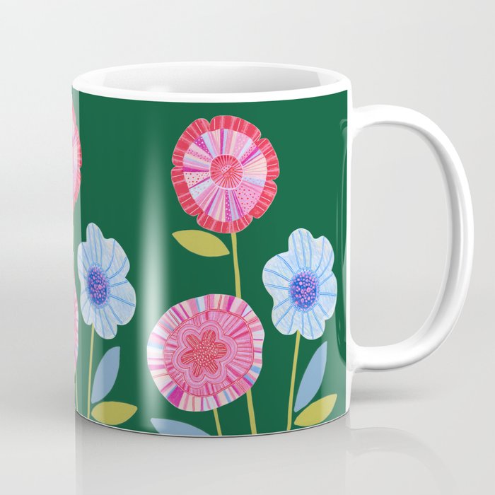 Folky Flowers in Bloom in Green & Pink Coffee Mug Gallery Image 1