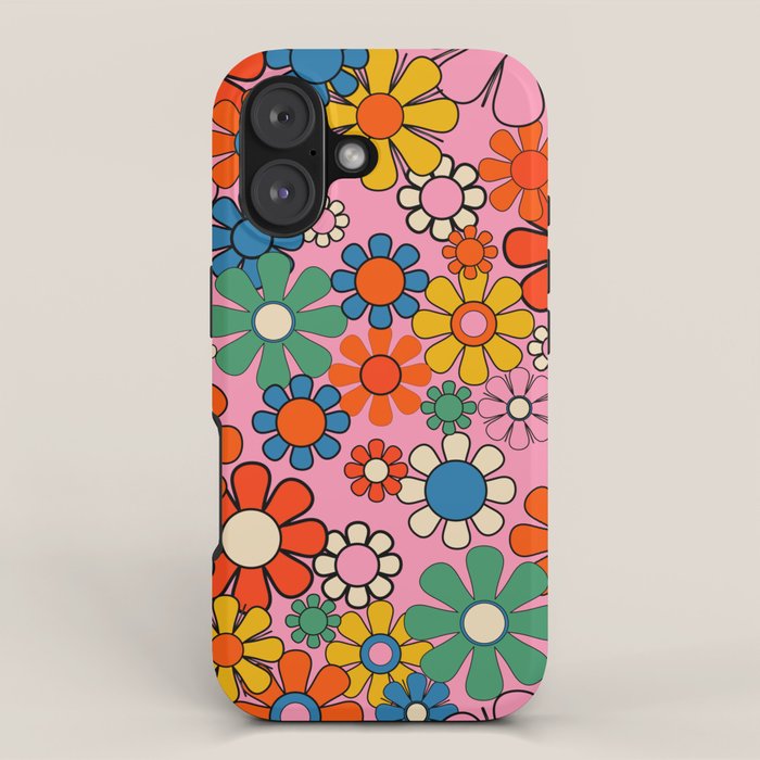 Groovy Floral Retro Garden Bold and Colorful 60s 70s Flower Pattern with Pink iPhone Case Gallery Image 1