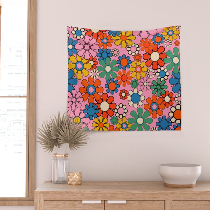 Groovy Floral Retro Garden Bold and Colorful 60s 70s Flower Pattern with Pink Wall Tapestry Gallery Image 2