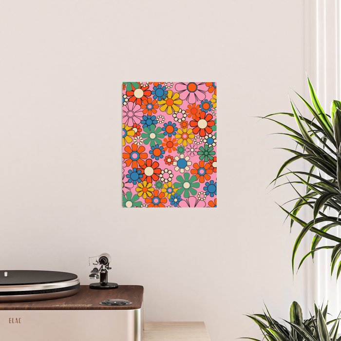 Groovy Floral Retro Garden Bold and Colorful 60s 70s Flower Pattern with Pink Poster Gallery Image 2