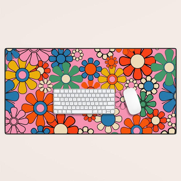 Groovy Floral Retro Garden Bold and Colorful 60s 70s Flower Pattern with Pink Desk Mat Gallery Image 1