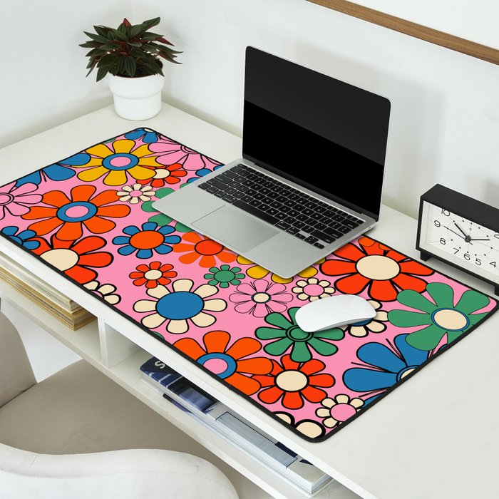 Groovy Floral Retro Garden Bold and Colorful 60s 70s Flower Pattern with Pink Desk Mat Gallery Image 2
