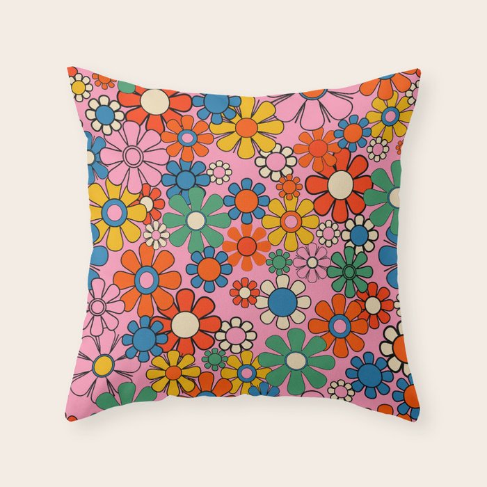 Groovy Floral Retro Garden Bold and Colorful 60s 70s Flower Pattern with Pink Throw Pillow Gallery Image 6