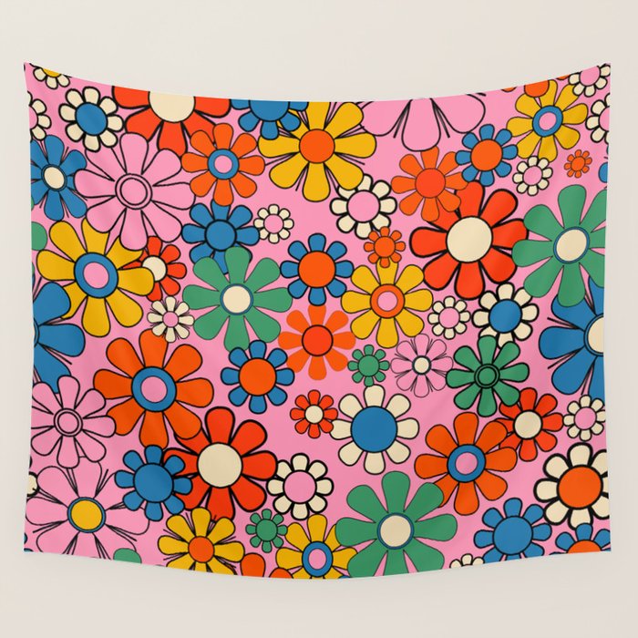 Groovy Floral Retro Garden Bold and Colorful 60s 70s Flower Pattern with Pink Wall Tapestry Gallery Image 4