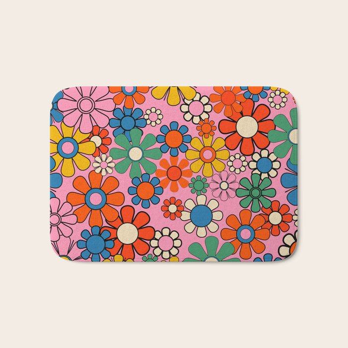 Groovy Floral Retro Garden Bold and Colorful 60s 70s Flower Pattern with Pink Bath Mat Gallery Image 1