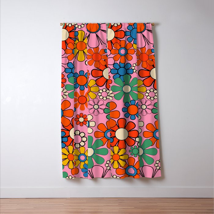 Groovy Floral Retro Garden Bold and Colorful 60s 70s Flower Pattern with Pink Window Curtain Gallery Image 3