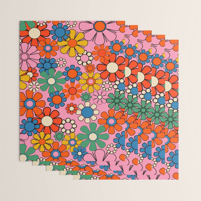 Groovy Floral Retro Garden Bold and Colorful 60s 70s Flower Pattern with Pink Wrapping Paper Gallery Image 3