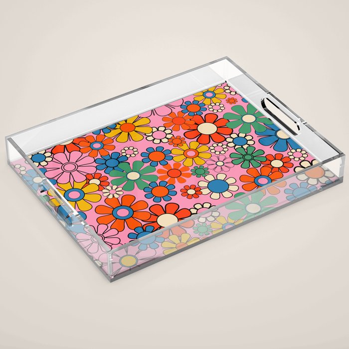 Groovy Floral Retro Garden Bold and Colorful 60s 70s Flower Pattern with Pink Acrylic Tray Gallery Image 1