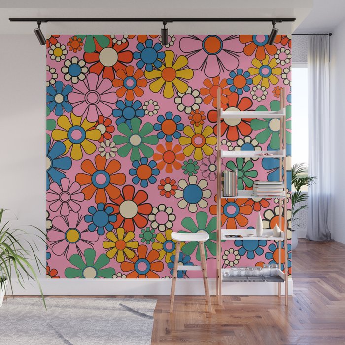 Groovy Floral Retro Garden Bold and Colorful 60s 70s Flower Pattern with Pink Wall Mural Gallery Image 1