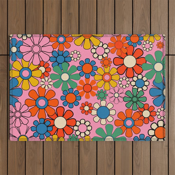 Groovy Floral Retro Garden Bold and Colorful 60s 70s Flower Pattern with Pink Outdoor Rug Gallery Image 1