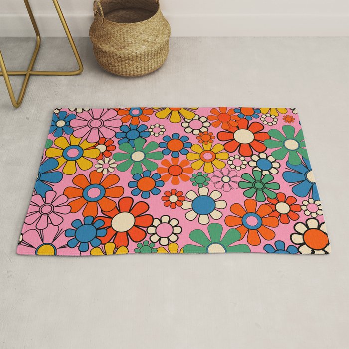 Groovy Floral Retro Garden Bold and Colorful 60s 70s Flower Pattern with Pink Rug Gallery Image 1