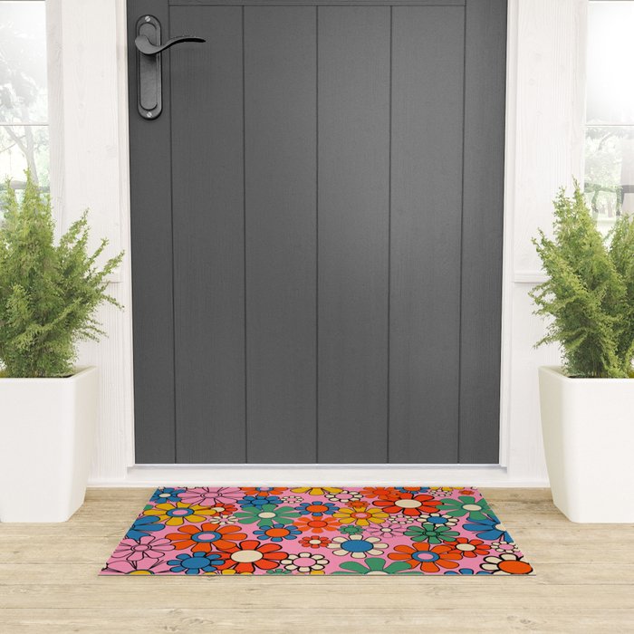 Groovy Floral Retro Garden Bold and Colorful 60s 70s Flower Pattern with Pink Welcome Mat Gallery Image 3