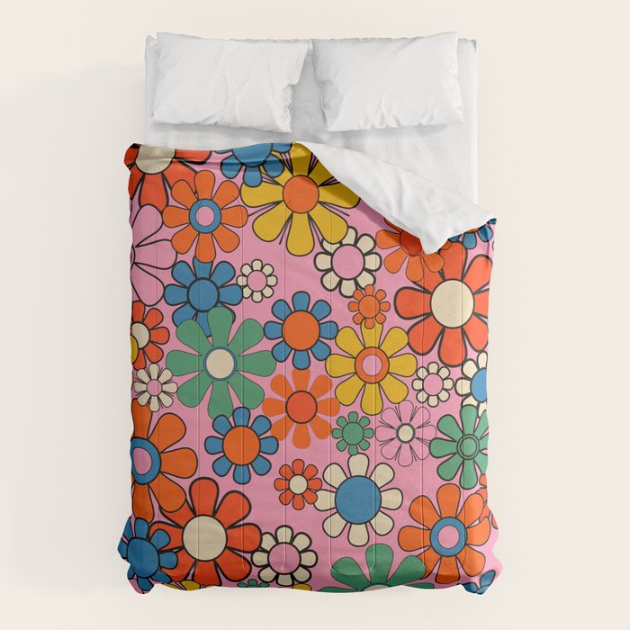 Groovy Floral Retro Garden Bold and Colorful 60s 70s Flower Pattern with Pink Comforter Gallery Image 6