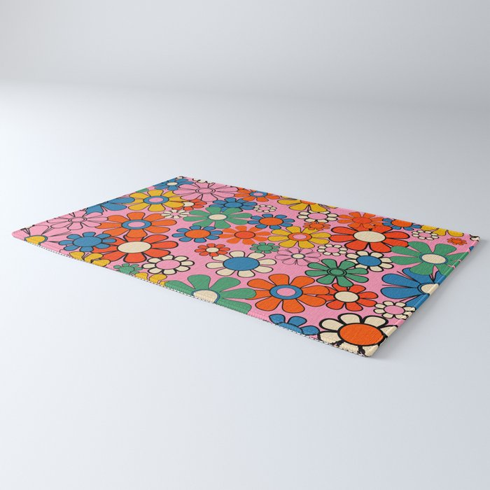 Groovy Floral Retro Garden Bold and Colorful 60s 70s Flower Pattern with Pink Rug Gallery Image 3