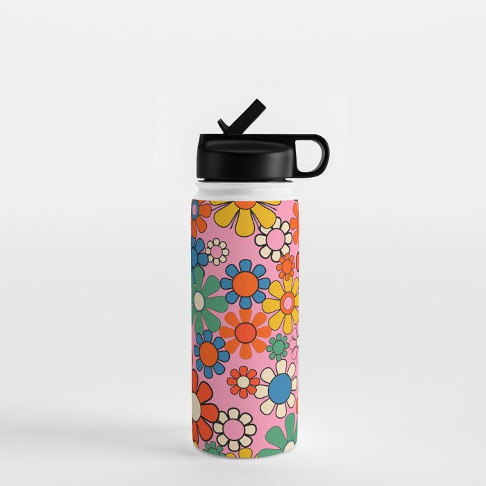 Groovy Floral Retro Garden Bold and Colorful 60s 70s Flower Pattern with Pink Water Bottle Gallery Image 1