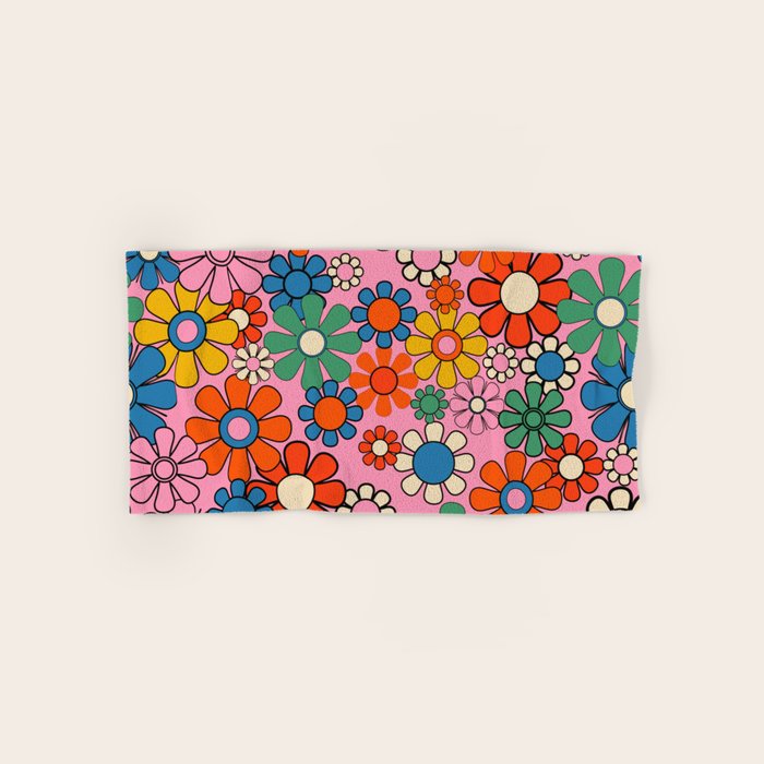 Groovy Floral Retro Garden Bold and Colorful 60s 70s Flower Pattern with Pink Bath Towel Gallery Image 1